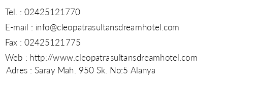 Kleopatra Sultan's Dream Hotel telefon numaralar, faks, e-mail, posta adresi ve iletiim bilgileri